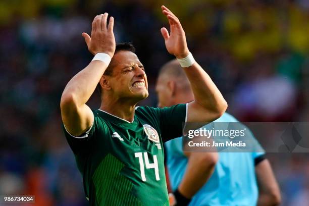 Javier Hernandez of Mexico reacts during the 2018 FIFA World Cup Russia group F match between Mexico and Sweden at Ekaterinburg Arena on June 27,...