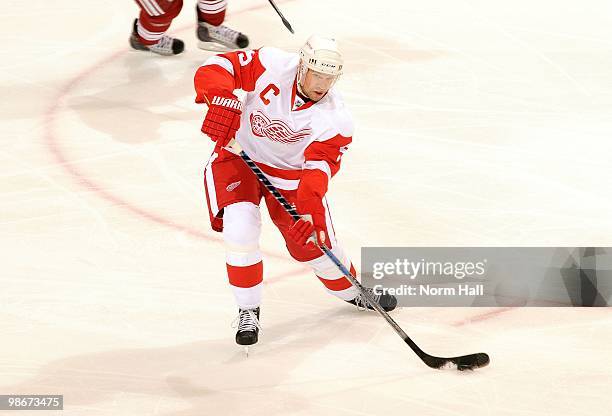 Nicklas Lidstrom of the Detroit Red Wings passes the puck up ice against the Phoenix Coyotes in Game Five of the Western Conference Quarterfinals...