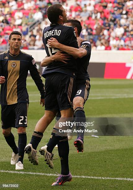 Sebastien Le Toux of the Philadelphia Union celebrates his goal with his teammate Alejandro Moreno against New York Red Bulls during their game at...