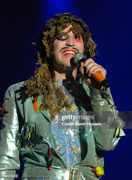 Noel Fielding of The Mighty Boosh performs with the Mighty Boosh band at The Mighty Boosh Festival at The Hop Farm on July 5, 2008 in Paddock Wood,...