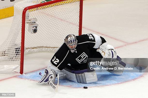 Jonathan Quick of the Los Angeles Kings makes the save against the Vancouver Canucks in Game Four of the Western Conference Quarterfinals during the...