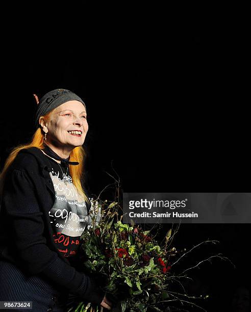 Designer Vivienne Westwood walks the catwalk during the Vivienne Westwood Red Label fashion show during London Fashion Week on February 21, 2010 in...
