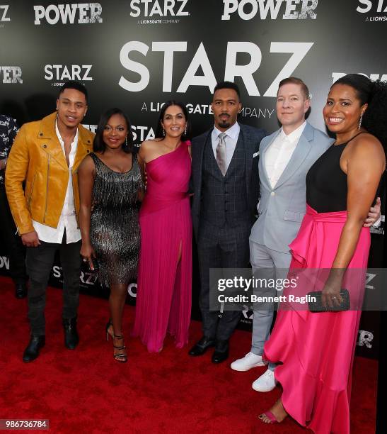 Rotimi Akinosho, Naturi Naughton, Lela Loren, Omari Hardwick, Joseph Sikora, and Courtney A. Kemp pose for a picture during the "Power" Season 5...