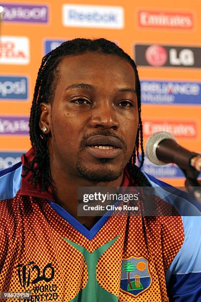 Chris Gayle of West Indies talks to the media during press conference ahead of the ICC T20 World Cup at the Pegasus Hotel on April 26, 2010 in...