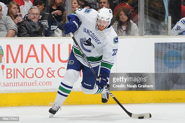 Daniel Sedin of the Vancouver Canucks takes a shot against the Los Angeles Kings in Game Four of the Western Conference Quarterfinals during the 2010...