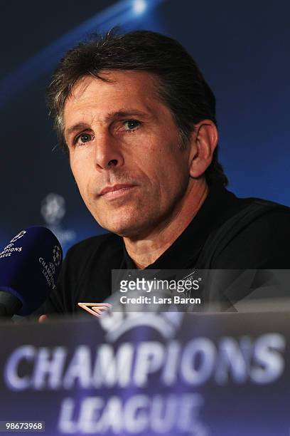 Head coach Claude Puel looks on during an Olympique Lyonnais press conference at Stade de Gerland on April 26, 2010 in Lyon, France. Lyon will play...