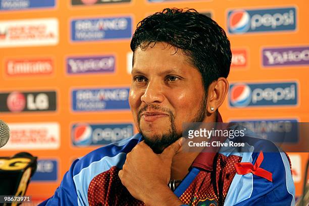 Ramnaresh Sarwan of West Indies talks to the media during press conference ahead of the ICC T20 World Cup at the Pegasus Hotel on April 26, 2010 in...