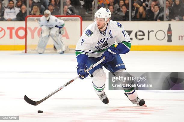 Ryan Kesler of the Vancouver Canucks skates with the puck against the Los Angeles Kings in Game Four of the Western Conference Quarterfinals during...