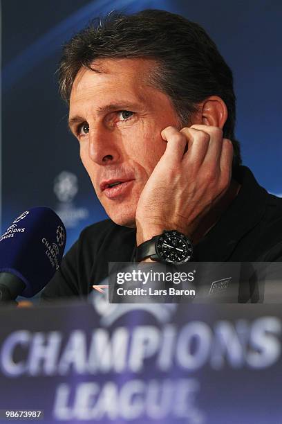 Head coach Claude Puel looks on during an Olympique Lyonnais press conference at Stade de Gerland on April 26, 2010 in Lyon, France. Lyon will play...