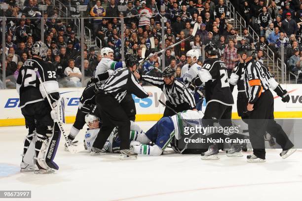 The Los Angeles Kings have a scuffle against the Vancouver Canucks in Game Four of the Western Conference Quarterfinals during the 2010 NHL Stanley...