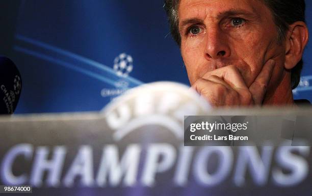 Head coach Claude Puel looks on during an Olympique Lyonnais press conference at Stade de Gerland on April 26, 2010 in Lyon, France. Lyon will play...