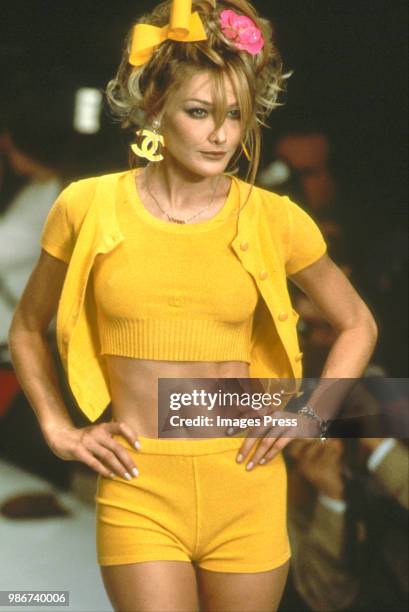 Carla Bruni models at New York Fashion Week circa 1996 in New York.