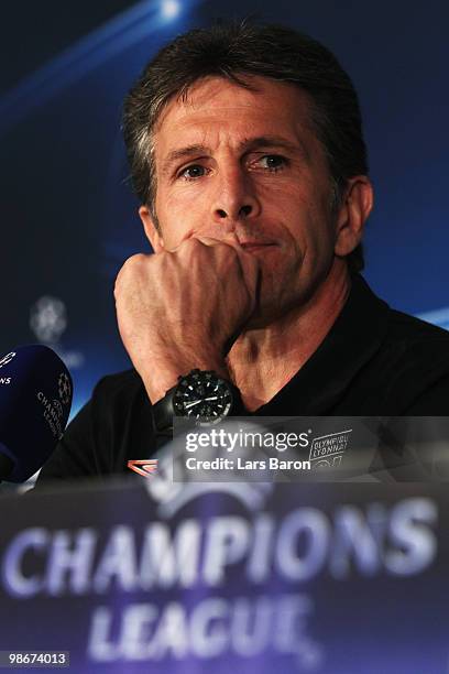 Head coach Claude Puel looks on during an Olympique Lyonnais press conference at Stade de Gerland on April 26, 2010 in Lyon, France. Lyon will play...