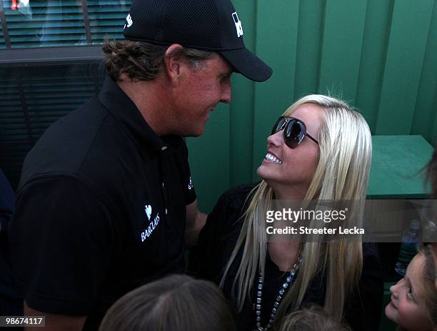 Phil Mickelson and Amy Mickelson during the final round of the 2010 Masters Tournament at Augusta National Golf Club on April 11, 2010 in Augusta,...