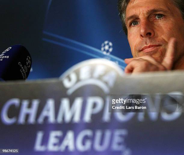 Head coach Claude Puel looks on during a Olympique Lyonnais press conference at Stade de Gerland on April 26, 2010 in Lyon, France. Lyon will play...