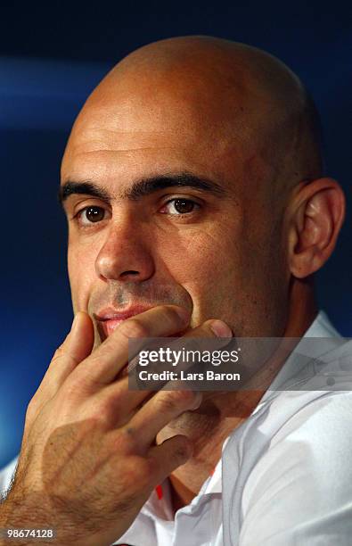 Cris looks on during a Olympique Lyonnais press conference at Stade de Gerland on April 26, 2010 in Lyon, France. Lyon will play against Bayern...