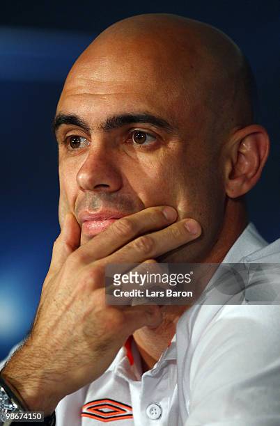 Cris looks on during a Olympique Lyonnais press conference at Stade de Gerland on April 26, 2010 in Lyon, France. Lyon will play against Bayern...