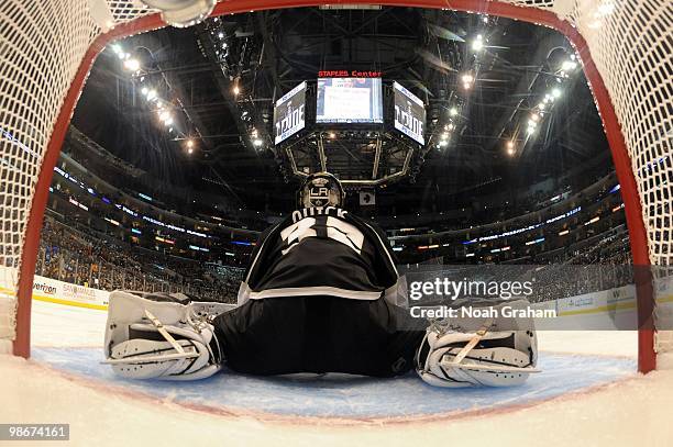 Jonathan Quick of the Los Angeles Kings sits in goal against the Vancouver Canucks in Game Four of the Western Conference Quarterfinals during the...