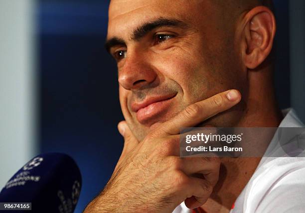 Cris looks on during a Olympique Lyonnais press conference at Stade de Gerland on April 26, 2010 in Lyon, France. Lyon will play against Bayern...