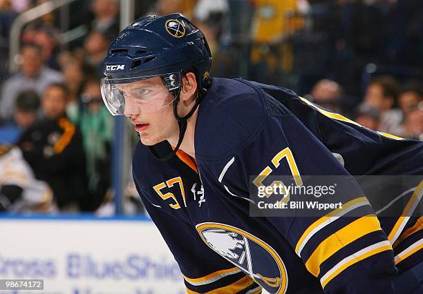 Tyler Myers of the Buffalo Sabres prepares for a faceoff against the Boston Bruins in Game Five of the Eastern Conference Quarterfinals during the...