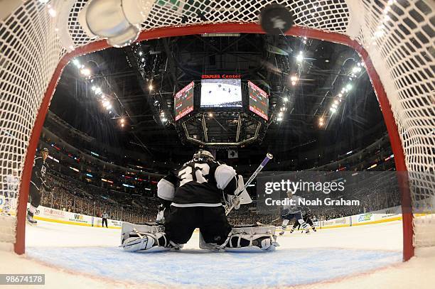 Jonathan Quick of the Los Angeles Kings fails to make the save against the Vancouver Canucks in Game Four of the Western Conference Quarterfinals...