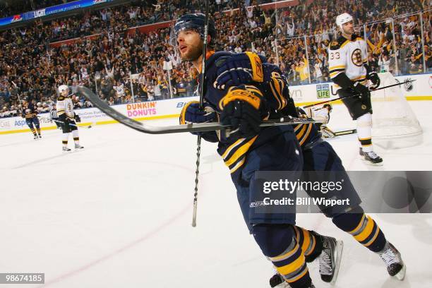 Jason Pominville of the Buffalo Sabres celebrates his goal against the Boston Bruins in Game Five of the Eastern Conference Quarterfinals during the...