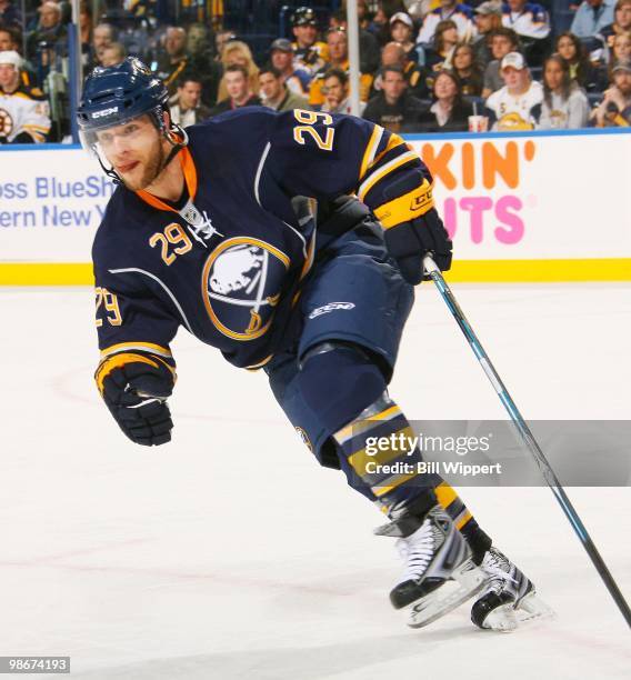 Jason Pominville of the Buffalo Sabres skates against the Boston Bruins in Game Five of the Eastern Conference Quarterfinals during the 2010 NHL...