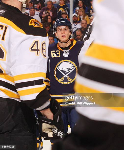 Tyler Ennis of the Buffalo Sabres prepares for a faceoff against the Boston Bruins in Game Five of the Eastern Conference Quarterfinals during the...