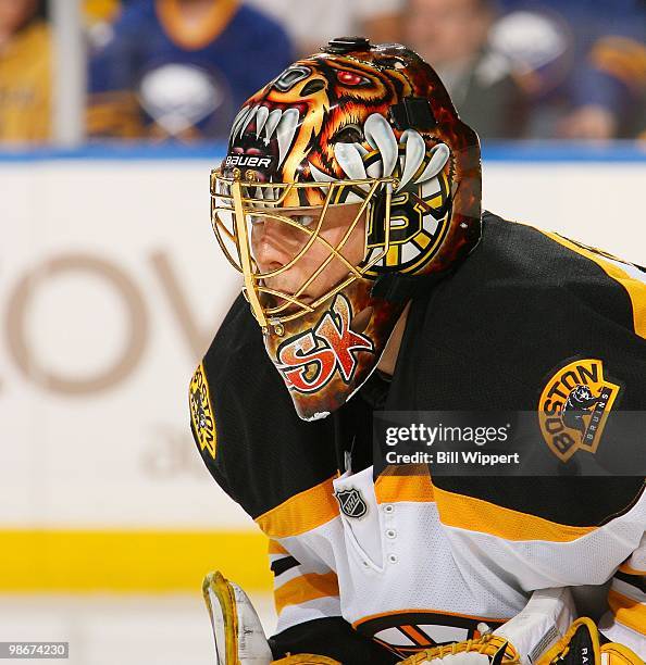 Tuukka Rask the Boston Bruins prepares for a faceoff against the Buffalo Sabres in Game Five of the Eastern Conference Quarterfinals during the 2010...