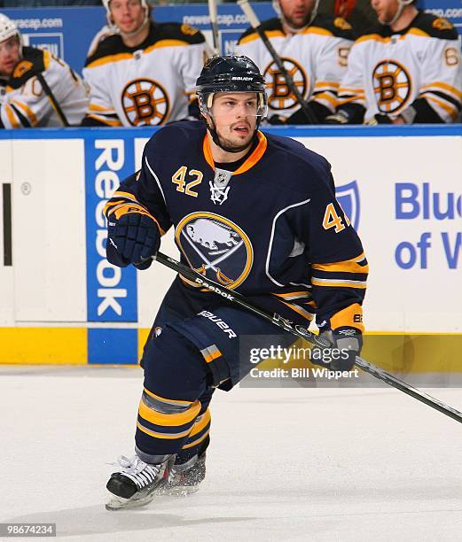 Nathan Gerbe of the Buffalo Sabres skates against the Boston Bruins in Game Five of the Eastern Conference Quarterfinals during the 2010 NHL Stanley...