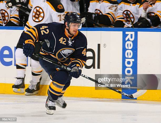 Nathan Gerbe of the Buffalo Sabres skates against the Boston Bruins in Game Five of the Eastern Conference Quarterfinals during the 2010 NHL Stanley...