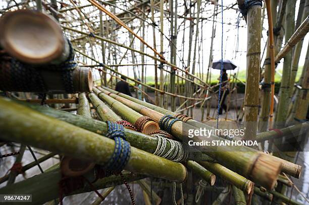 Detail of US artists Doug and Mike Starn's sculpture "Big Bambú: You Can't, You Don't, and You Won't Stop", April 26 a large bamboo structure on the...