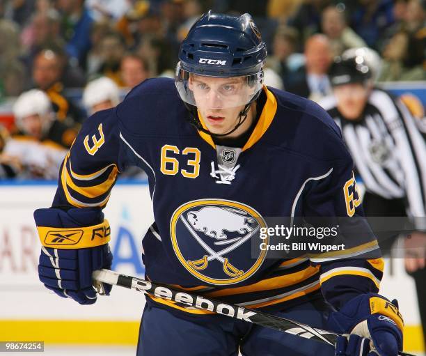 Tyler Ennis of the Buffalo Sabres skates against the Boston Bruins in Game Five of the Eastern Conference Quarterfinals during the 2010 NHL Stanley...