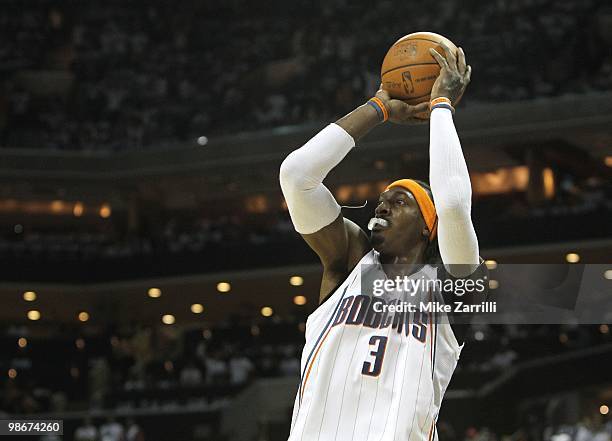 Forward Gerald Wallace of the Charlotte Bobcats shoots a jump shot during Game Three of the Eastern Conference Quarterfinals against the Orlando...