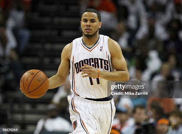 Guard D.J. Augustin of the Charlotte Bobcats dribbles the ball during Game Three of the Eastern Conference Quarterfinals against the Orlando Magic...