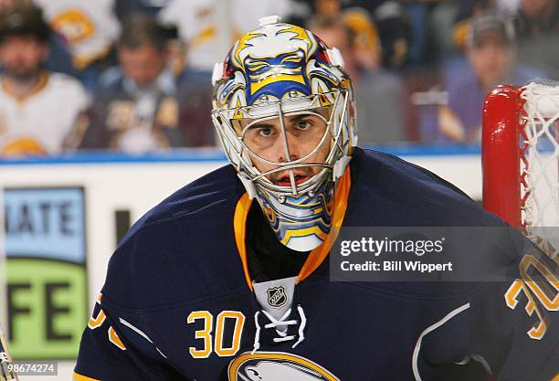 Ryan Miller of the Buffalo Sabres tends goal against the Boston Bruins in Game Five of the Eastern Conference Quarterfinals during the 2010 NHL...