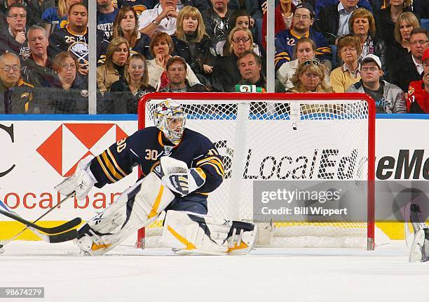 Ryan Miller of the Buffalo Sabres tends goal against the Boston Bruins in Game Five of the Eastern Conference Quarterfinals during the 2010 NHL...