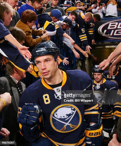 Cody McCormick of the Buffalo Sabres heads to the ice to play the Boston Bruins in Game Five of the Eastern Conference Quarterfinals during the 2010...