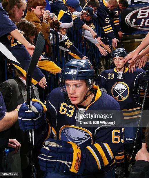 Tyler Ennis of the Buffalo Sabres heads to the ice to play the Boston Bruins in Game Five of the Eastern Conference Quarterfinals during the 2010 NHL...