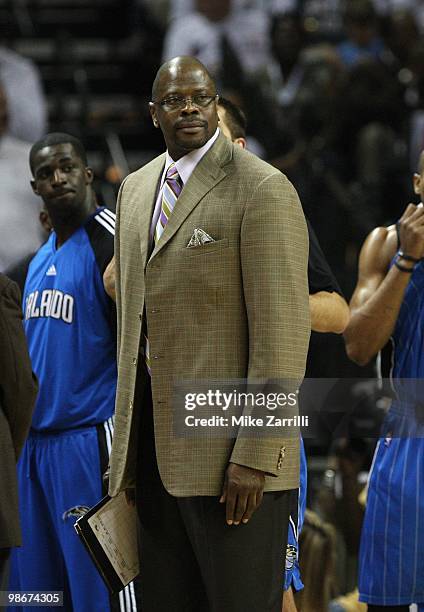 Assistant coach Patrick Ewing of the Orlando Magic looks at the referee during a timeout in Game Three of the Eastern Conference Quarterfinals...