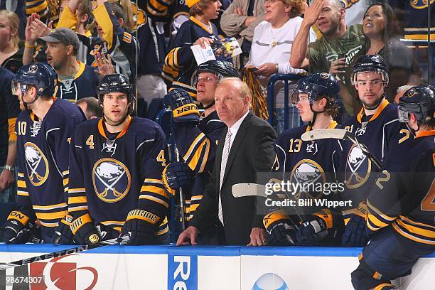 Head coach Lindy Ruff of the Buffalo Sabres watches the closing seconds of their 4-1 win over the Boston Bruins in Game Five of the Eastern...