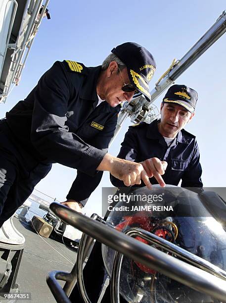 Amiral Juan Carlos Munoz-Delgado observes the remotely operated vehicle "Pluto Plus" during NATO naval exercises "Minex-10" off the coast of Palma de...