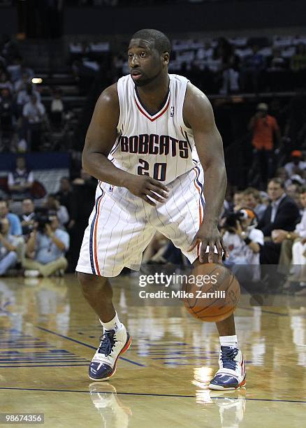 Guard Raymond Felton of the Charlotte Bobcats dribbles with the ball during Game Three of the Eastern Conference Quarterfinals against the Orlando...