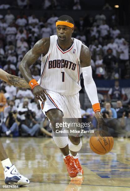 Guard Stephen Jackson of the Charlotte Bobcats dribbles with the ball during Game Three of the Eastern Conference Quarterfinals against the Orlando...