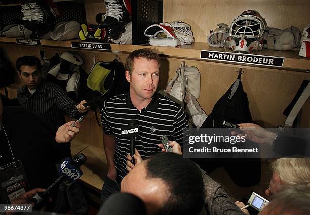 Martin Brodeur of the New Jersey Devils speaks with media at the Prudential Center on April 26, 2010 in Newark, New Jersey.