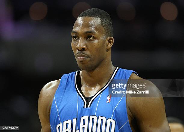 Center Dwight Howard of the Orlando Magic collects himself before a free throw attempt during Game Three of the Eastern Conference Quarterfinals...