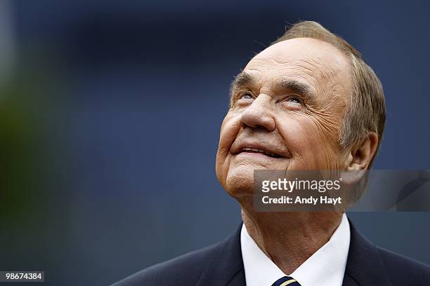 Dick Enberg of the San Diego Padres moderates Pre Game ceremonies on Opening Day against the Atlanta Braves at Petco Park on Monday, April 12, 2010...