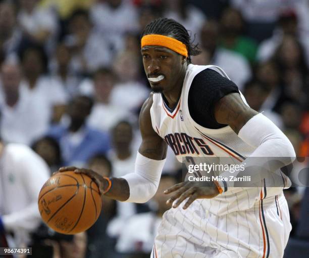 Forward Gerald Wallace of the Charlotte Bobcats dribbles with the ball during Game Three of the Eastern Conference Quarterfinals against the Orlando...
