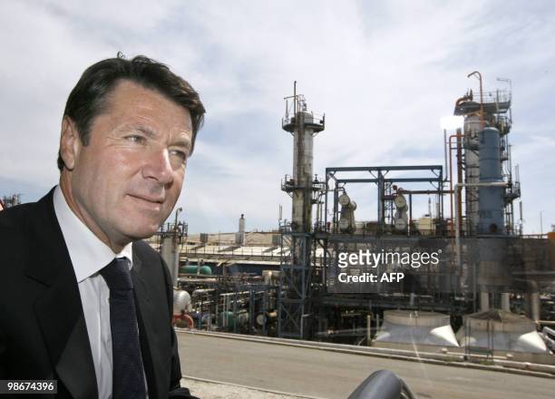 French Industry Minister Christian Estrosi visits the Mediterranean refinery of Lavera in Martigues on April 26, 2010 on the theme of the role of oil...