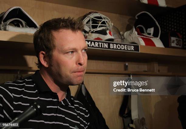 Martin Brodeur of the New Jersey Devils speaks with media at the Prudential Center on April 26, 2010 in Newark, New Jersey.